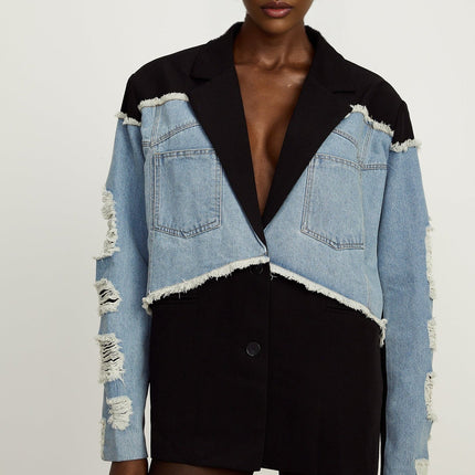 Delizia Denim Blazer Ripped Fringed Black Blue Peak Lapels Chest Patch Pockets Buttoned Cuffs