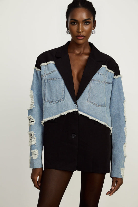 Delizia Denim Blazer Ripped Fringed Black Blue Peak Lapels Chest Patch Pockets Buttoned Cuffs