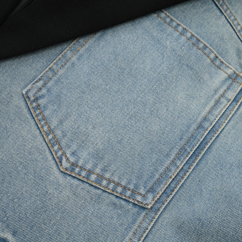 Delizia Denim Blazer Ripped Fringed Black Blue Peak Lapels Chest Patch Pockets Buttoned Cuffs