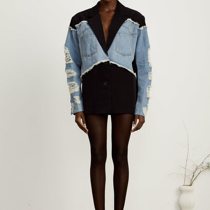 Delizia Denim Blazer Ripped Fringed Black Blue Peak Lapels Chest Patch Pockets Buttoned Cuffs
