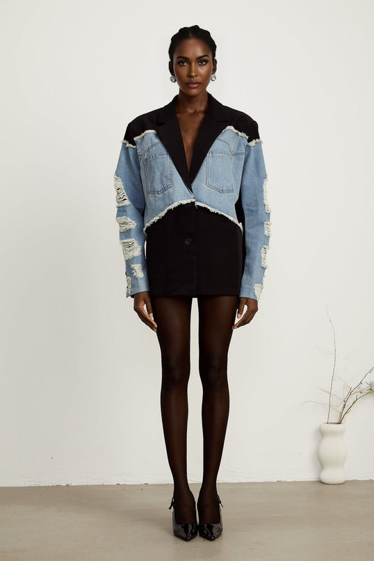 Delizia Denim Blazer Ripped Fringed Black Blue Peak Lapels Chest Patch Pockets Buttoned Cuffs
