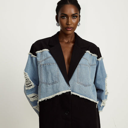 Delizia Denim Blazer Ripped Fringed Black Blue Peak Lapels Chest Patch Pockets Buttoned Cuffs Front Button Fastening