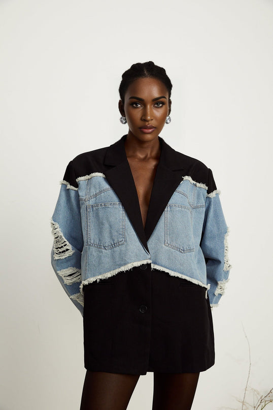 Delizia Denim Blazer Ripped Fringed Black Blue Peak Lapels Chest Patch Pockets Buttoned Cuffs Front Button Fastening