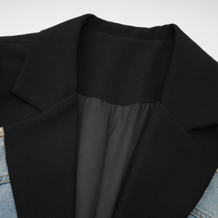 Delizia Denim Blazer Ripped Fringed Black Blue Peak Lapels Chest Patch Pockets Buttoned Cuffs