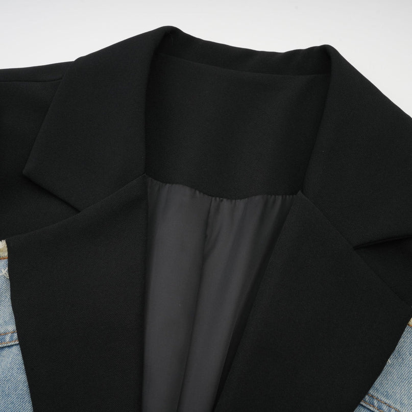 Delizia Denim Blazer Ripped Fringed Black Blue Peak Lapels Chest Patch Pockets Buttoned Cuffs