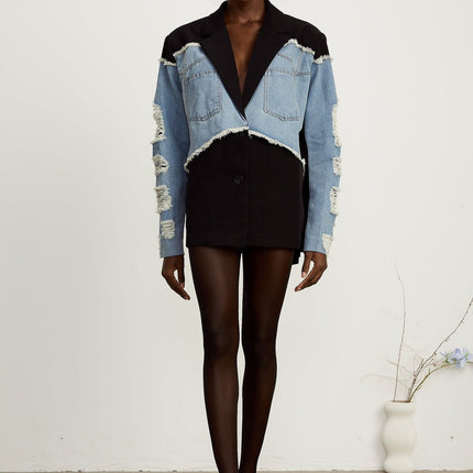 Delizia Denim Blazer Ripped Fringed Black Blue Peak Lapels Chest Patch Pockets Buttoned Cuffs