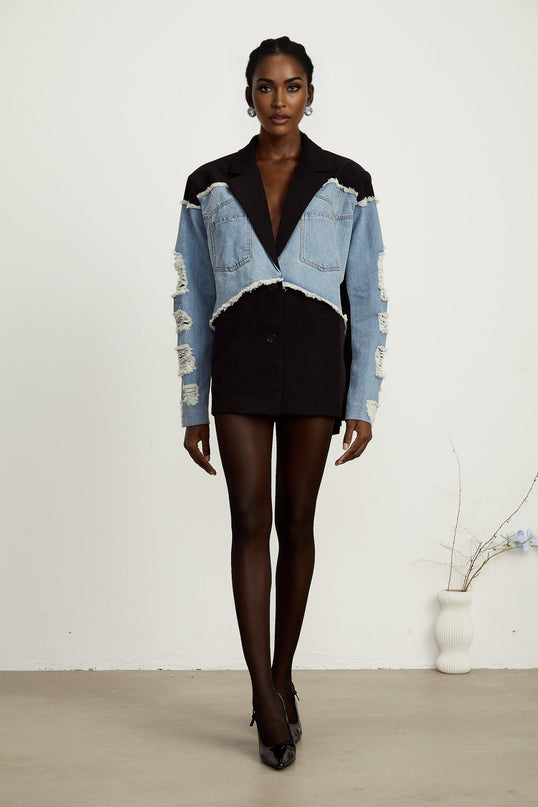 Delizia Denim Blazer Ripped Fringed Black Blue Peak Lapels Chest Patch Pockets Buttoned Cuffs