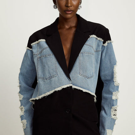 Delizia Denim Blazer Ripped Fringed Black Blue Peak Lapels Chest Patch Pockets Buttoned Cuffs Front Button Fastening Terylene Fiber Cotton