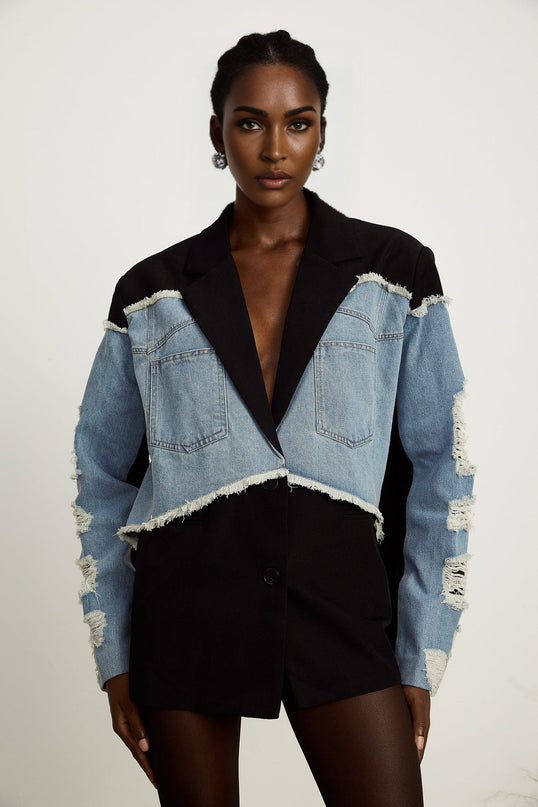 Delizia Denim Blazer Ripped Fringed Black Blue Peak Lapels Chest Patch Pockets Buttoned Cuffs Front Button Fastening Terylene Fiber Cotton