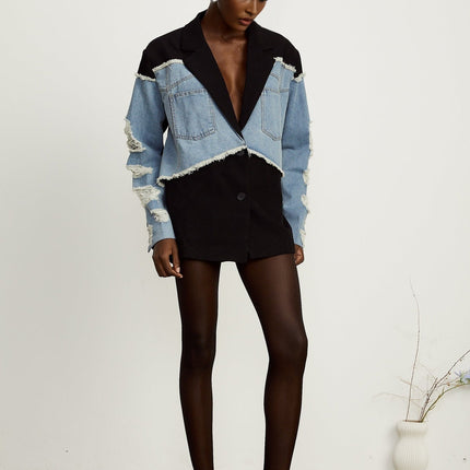 Delizia Denim Blazer Ripped Fringed Black Blue Peak Lapels Chest Patch Pockets Buttoned Cuffs
