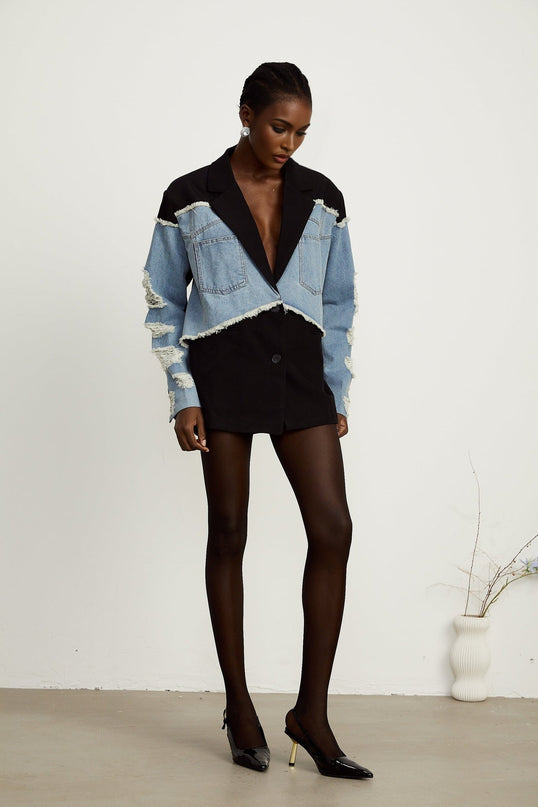 Delizia Denim Blazer Ripped Fringed Black Blue Peak Lapels Chest Patch Pockets Buttoned Cuffs