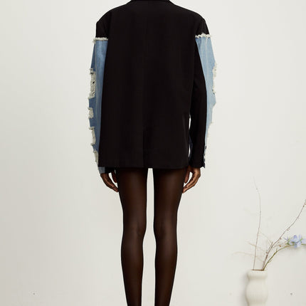 Delizia Denim Blazer Ripped Fringed Black Blue Peak Lapels Chest Patch Pockets Buttoned Cuffs