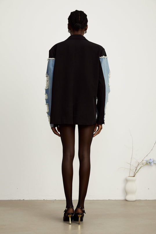 Delizia Denim Blazer Ripped Fringed Black Blue Peak Lapels Chest Patch Pockets Buttoned Cuffs