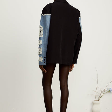 Delizia Denim Blazer Ripped Fringed Black Blue Peak Lapels Chest Patch Pockets Buttoned Cuffs