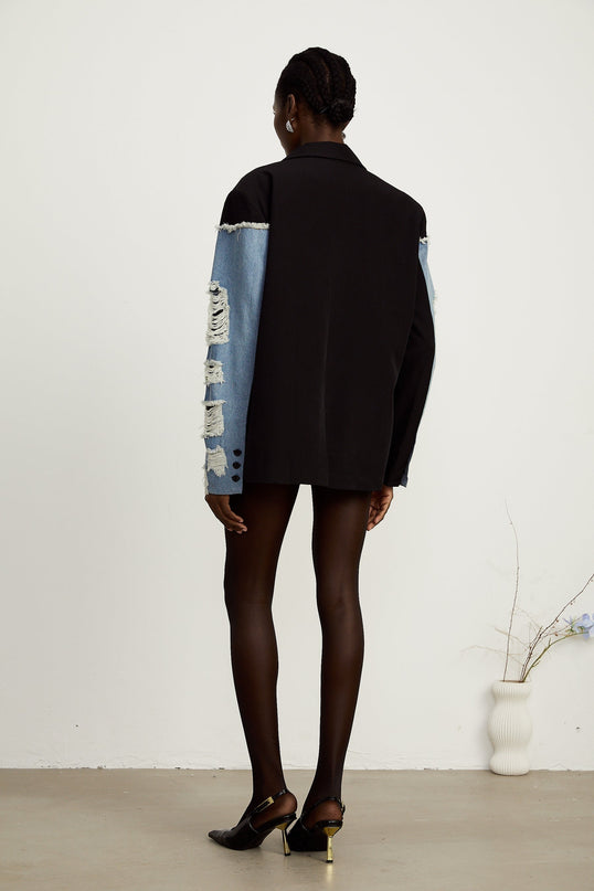 Delizia Denim Blazer Ripped Fringed Black Blue Peak Lapels Chest Patch Pockets Buttoned Cuffs