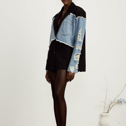 Delizia Denim Blazer Ripped Fringed Black Blue Peak Lapels Chest Patch Pockets Buttoned Cuffs