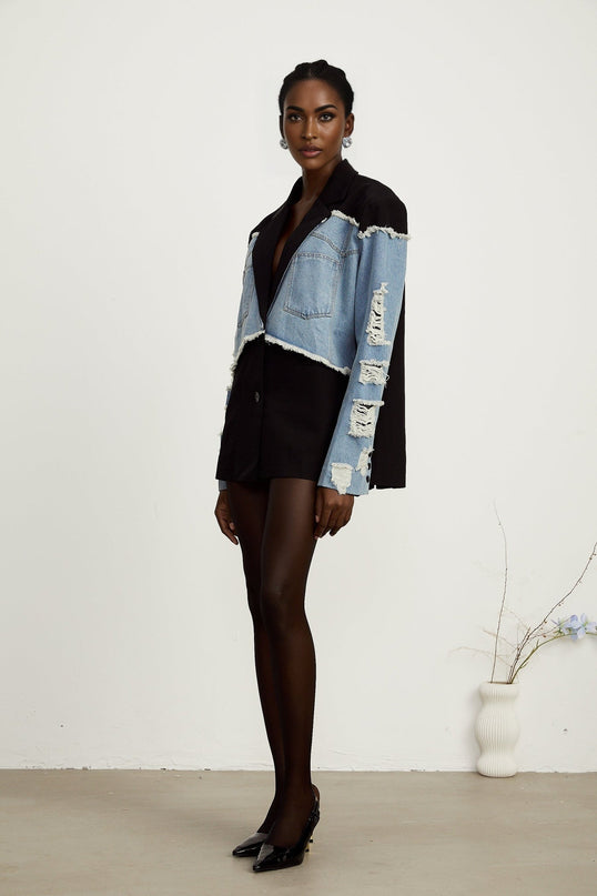 Delizia Denim Blazer Ripped Fringed Black Blue Peak Lapels Chest Patch Pockets Buttoned Cuffs
