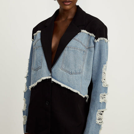 Delizia Denim Blazer Ripped Fringed Black Blue Peak Lapels Chest Patch Pockets Buttoned Cuffs