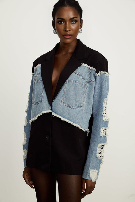 Delizia Denim Blazer Ripped Fringed Black Blue Peak Lapels Chest Patch Pockets Buttoned Cuffs