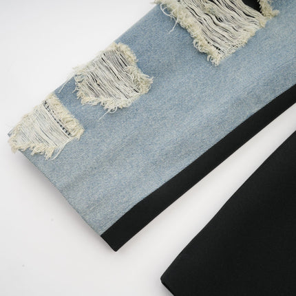 Delizia Denim Blazer Ripped Fringed Black Blue Peak Lapels Chest Patch Pockets Buttoned Cuffs