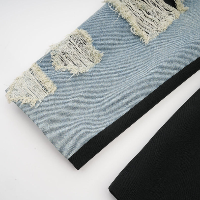 Delizia Denim Blazer Ripped Fringed Black Blue Peak Lapels Chest Patch Pockets Buttoned Cuffs