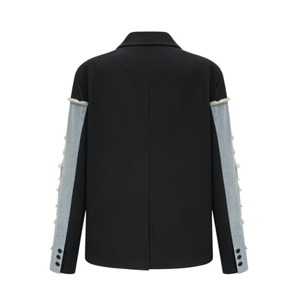 Delizia Denim Blazer Ripped Fringed Black Blue Peak Lapels Chest Patch Pockets Buttoned Cuffs