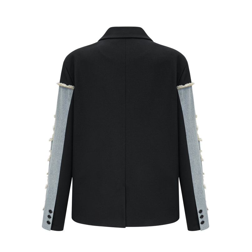 Delizia Denim Blazer Ripped Fringed Black Blue Peak Lapels Chest Patch Pockets Buttoned Cuffs