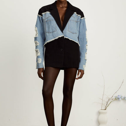 Delizia Denim Blazer Ripped Fringed Black Blue Peak Lapels Chest Patch Pockets Buttoned Cuffs