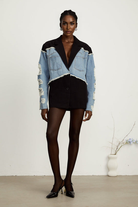 Delizia Denim Blazer Ripped Fringed Black Blue Peak Lapels Chest Patch Pockets Buttoned Cuffs