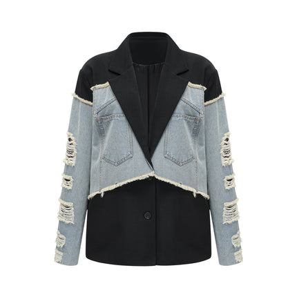 Delizia Denim Blazer Ripped Fringed Black Blue Peak Lapels Chest Patch Pockets Buttoned Cuffs Button Fastening Terylene Fiber Cotton