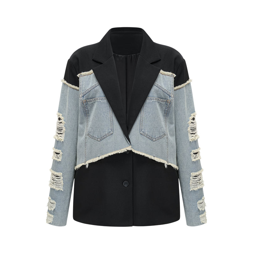 Delizia Denim Blazer Ripped Fringed Black Blue Peak Lapels Chest Patch Pockets Buttoned Cuffs Button Fastening Terylene Fiber Cotton
