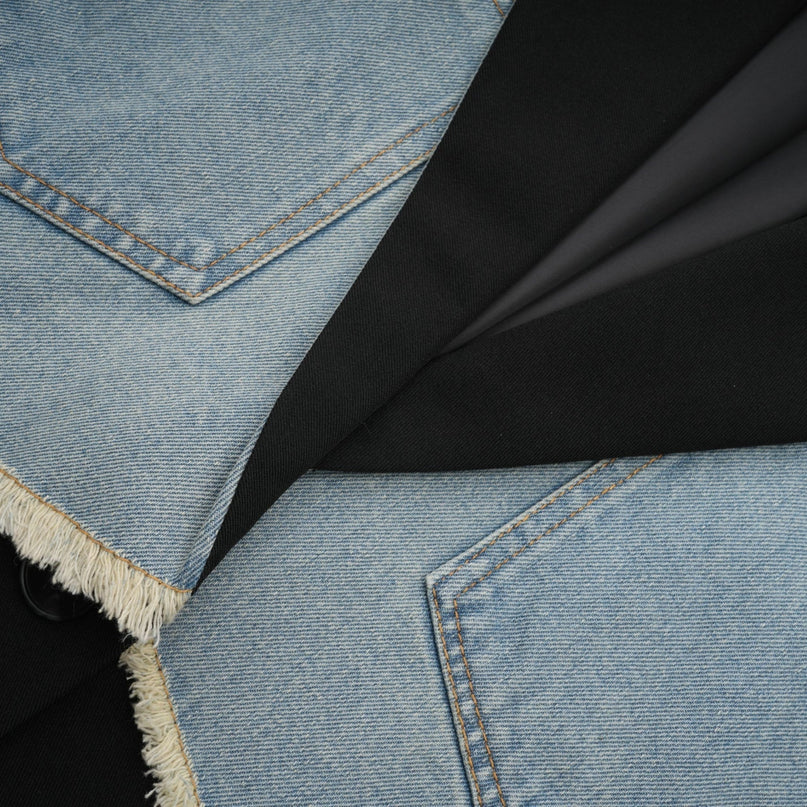 Delizia Denim Blazer Ripped Fringed Black Blue Peak Lapels Chest Patch Pockets Buttoned Cuffs