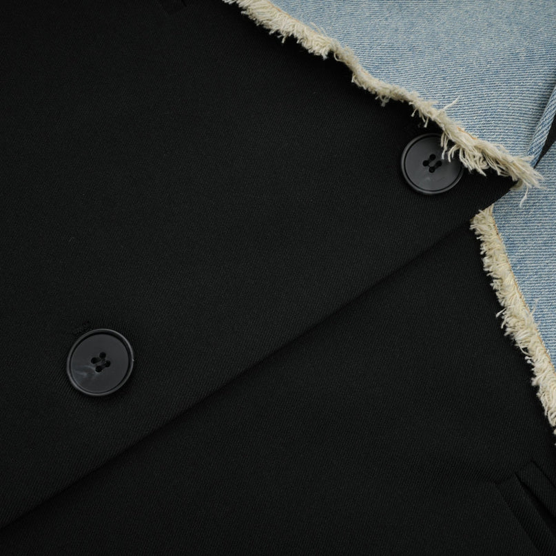 Delizia Denim Blazer Ripped Fringed Black Blue Peak Lapels Chest Patch Pockets Buttoned Cuffs Front Button Fastening