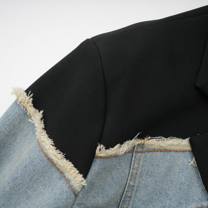 Delizia Denim Blazer Ripped Fringed Black Blue Peak Lapels Chest Patch Pockets Buttoned Cuffs