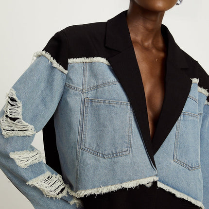 Delizia Denim Blazer Ripped Fringed Black Blue Peak Lapels Chest Patch Pockets Buttoned Cuffs