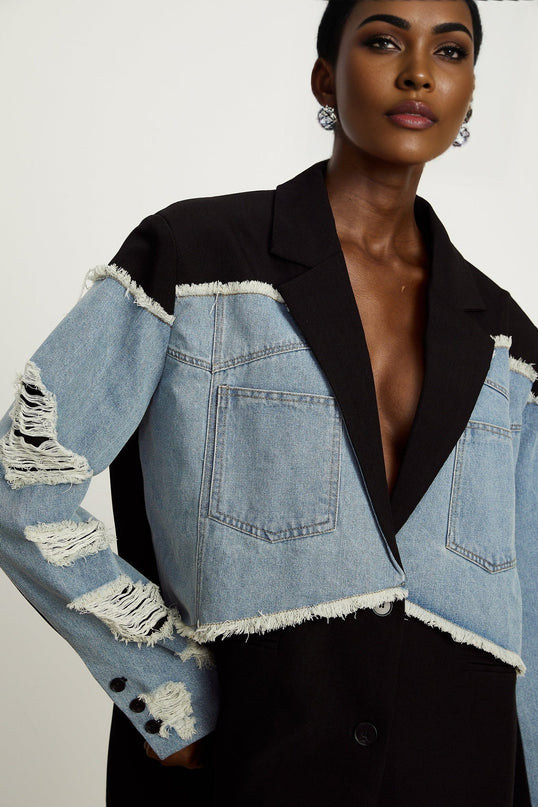 Delizia Denim Blazer Ripped Fringed Black Blue Peak Lapels Chest Patch Pockets Buttoned Cuffs