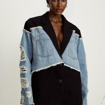 Delizia Denim Blazer Ripped Fringed Black Blue Peak Lapels Chest Patch Pockets Buttoned Cuffs