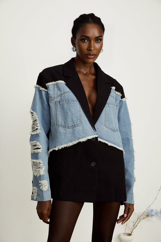 Delizia Denim Blazer Ripped Fringed Black Blue Peak Lapels Chest Patch Pockets Buttoned Cuffs