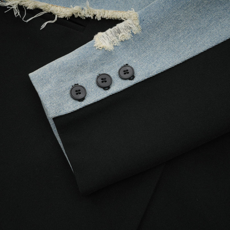 Delizia Denim Blazer Ripped Fringed Black Blue Peak Lapels Chest Patch Pockets Buttoned Cuffs