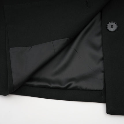 Delizia Denim Blazer Ripped Fringed Black Blue Peak Lapels Chest Patch Pockets Buttoned Cuffs Front Button Fastening