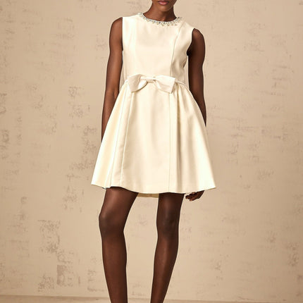 Delizia Ivory White Mini Dress Faux Pearl Embellishment Sleeveless Bowknot Pleat Flared Skirt Crew Neck Rear Zip Thigh Length