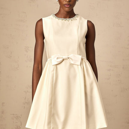 Delizia Ivory White Mini Dress with Faux-pearl Embellishment Sleeveless Bowknot Pleat Flared Skirt Crew Neck Rear Zip Thigh-length