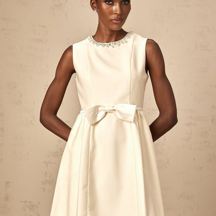Delizia Ivory White Mini Dress with Faux-pearl Embellishment Sleeveless Bowknot Pleat Flared Skirt Crew Neck Rear Zip Fastening Thigh-length