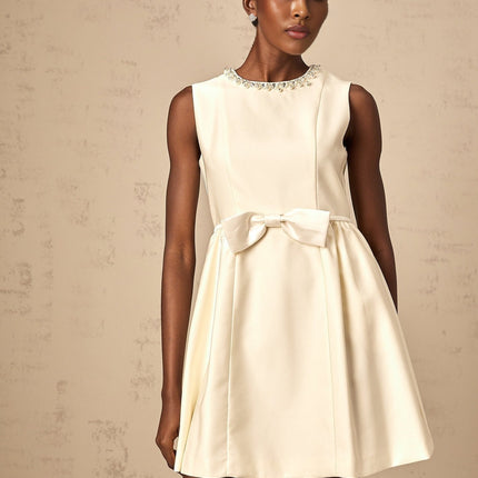 Delizia Ivory White Mini Dress with Faux-pearl Embellishment and Bowknot Detailing