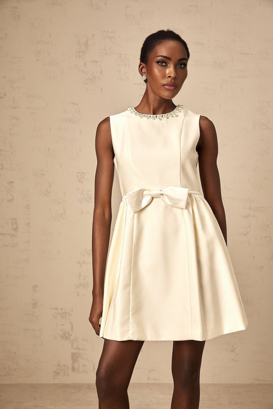 Delizia Ivory White Mini Dress with Faux-pearl Embellishment and Bowknot Detailing