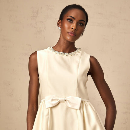 Delizia Ivory White Mini Dress with Faux-pearl Embellishment and Bowknot Detailing