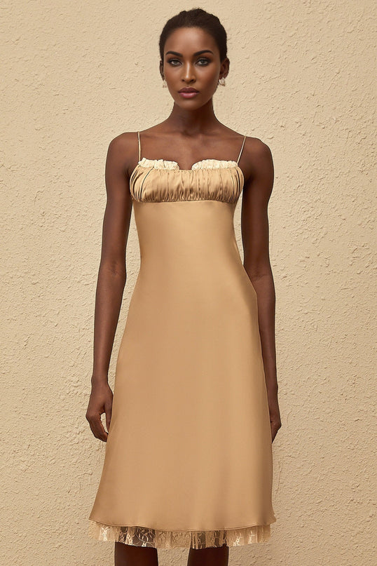 Delizia Midi Dress in Brown Satin and Floral Lace