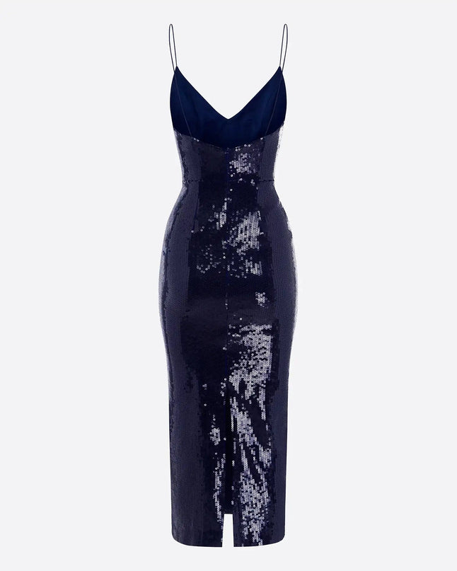 Delizia Navy Blue Dress with Vintage Vibes A-LINE silhouette stand neckline natural waist mid-calf pullover style solid patterned refined taste sophistication