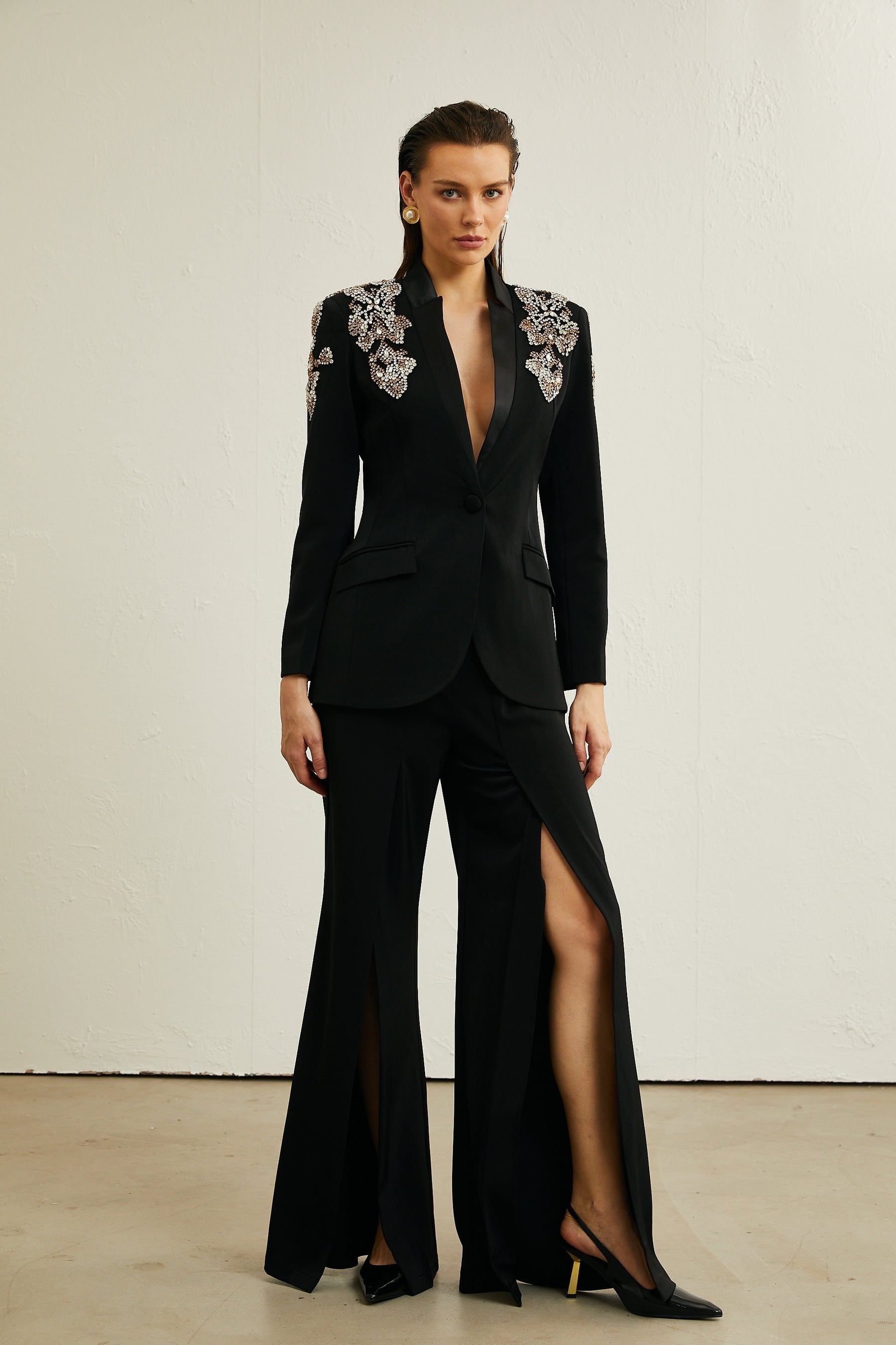 Delphine black embellished jacket  trousers matching set