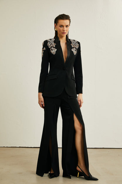 Delphine black embellished jacket  trousers matching set